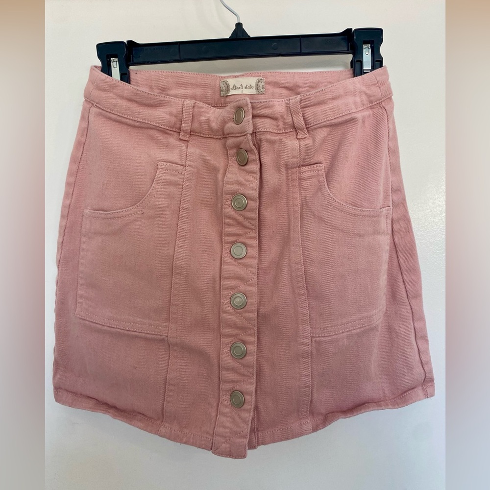 Altar’d state pink button front mini jean skirt